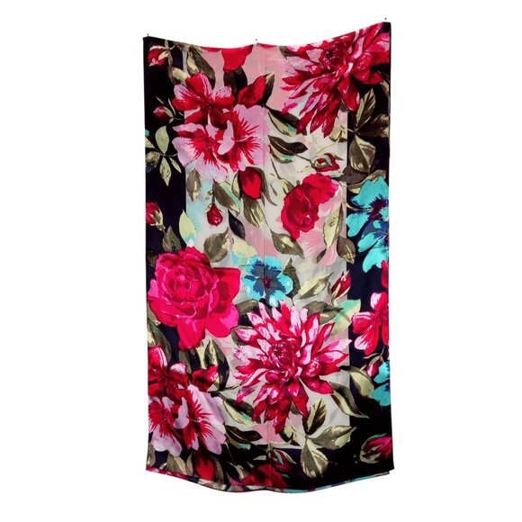 Scarf Floral Pink Blue XIIX SilkLike 72"x20" Rectangle Roses Dahlia Heads Garden - Picture 8 of 10